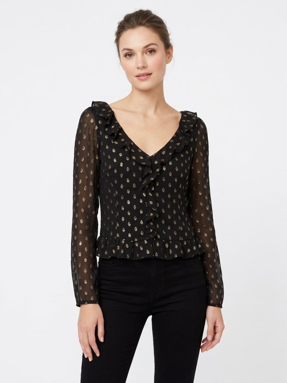 En Creme Women's Floral Print Ruffle Long Sleeve Top